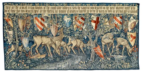 Verdure med hjort og skjold, billedvev designet av kunstneren og vevd av Morris og Co., 1909