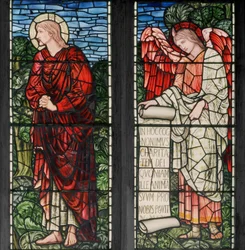 Birmingham, Acocks Green, St Mary the Virgin, Morris & Co., Edward Burne-Jones, John Henry Dearle (1859-1932), Sankt Johannes og engel med skriftrull, 1895