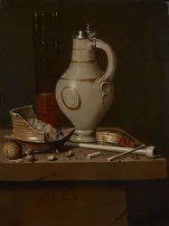 Stilleben med røykeredskaper og ølkrus, 1664