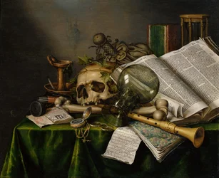 Vanitas. Stilleben med bøker, manuskripter og en hodeskalle