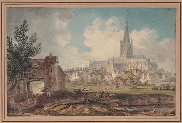 Norwich-katedralen fra sørøst (blyant, blekk og akvarell på papir)