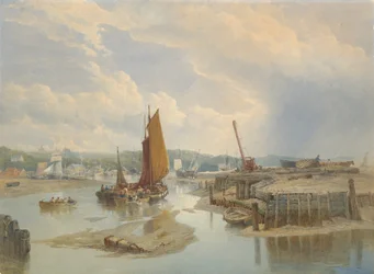 En by på en elvemunning ved lavvann, 1868.