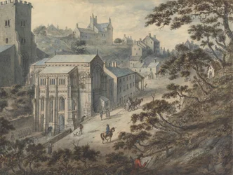 St. Winifred's Well, Holywell, Flintshire, Wales med kunstneren i forgrunnen...