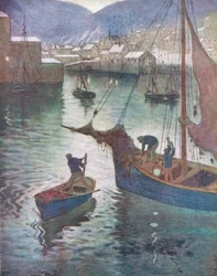 Havnen i Polperrow fra Hutchinsons pub Beautiful Britain av Hutchinson amp; Co, ca. 1920 (fargelitografi)