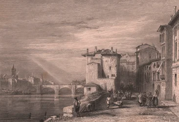 Utsikt over Verona ved Adige-elven, Veneto, Italia, stålgravering av Edward Francis Finden (1791–1857) etter tegning av Augustus Wall Calcott (1779–1844), ca. 12 x 10 cm