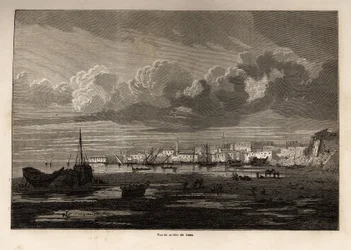 Utsikt over byen Suez (Egypt), tegning av Grenet, for å illustrere en utflukt til Suez-kanalen, i 1862, av Paul Merruau. Gravering i "" Le tour du monde"", redigert av Edouard Charton