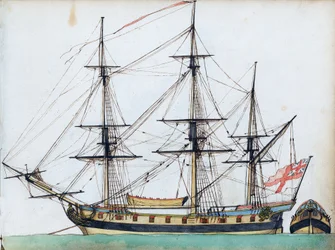 Britisk skip med 20 kanoner, som viser rigg og en skipsbåt, og en separat visning av akterenden, ca. 1780 (akvarell, penn og blekk)