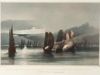 Angrep på piratskvadronen i Chuiapoo, utenfor Tysami, Kina, natten til 28. september 1849 av HMS Columbine, JC Dalrymple Hay, Esqr, Commr, ca. 1849 (trykk, litografi, farget)