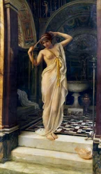 «Diadumene» Ung kvinne avkledd som knyter pannebåndet sitt i et antikt badekar. Maleri av Edward John Poynter (1836–1919) (klassisisme) 1893