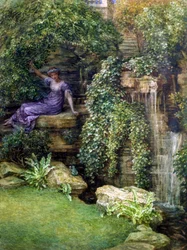 «Prinsessen og frosken» Møte mellom en ung prinsesse og en frosk i en romantisk hage (Prins Charming), maleri av Edward John Poynter (1836–1919) (prerafaelitt)