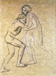 Studie av to nakne menn som omfavner for The Prodigals Return, 1869 (kritt på papir)