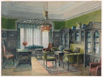 Tegning, bibliotek- eller kontorinteriør, ca. 1915