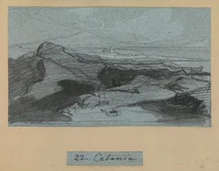 Catania, fra utsikt over Sicilia (kritt og gouache på blått papir)