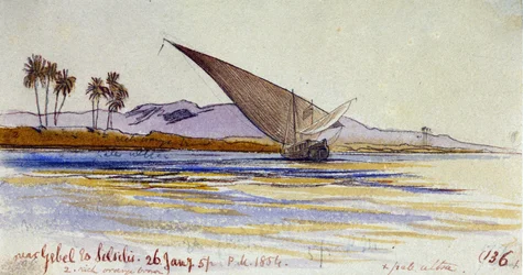Nilens bredder (Egypt), med palmer og gyassi-trær mot bredden, nær Gebel el Silsileh. Farget akvarelltegning