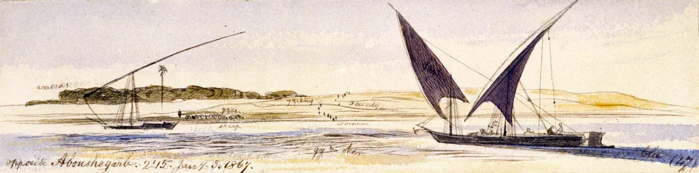 Nilens utstrekning og bredder, med to tradisjonelle egyptiske båter, inkludert en Dahabeeya. Farget akvarelltegning