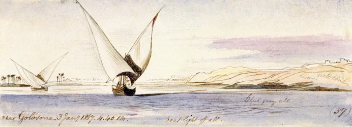 Utsikt over Nilen nær Golosona (Egypt), med en tradisjonell egyptisk båt som seiler. Farget akvarelltegning