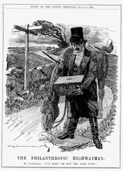 David Lloyd George (1863-1945) walisisk-født britisk liberal statsmann. I 1908, som finansminister, introduserte Lloyd George sin lov om alderspensjon. Tegneserie av Edward Linley Sambourne fra Punch, London, august 1908.