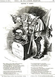 Holder det nede. Otto von Bismarck (1815-1898) Tysklands kansler, prøver å tvinge sosialismens knekt tilbake i boksen sin. Bildetekstene forteller ham at hver undertrykkelseshandling virker en eliksir til det menneskelige ønsket om mer frihet. Tegneserie a