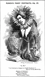 Oscar Wilde (1854-1900) irsk dramatiker, romanforfatter, poet og vidd. Tegneserie av Edward Linley Sambourne fra hans 'Fancy Portraits'-serie for Punch London, 25. juni 1881, som viser Wilde som en solsikke. Tregravering