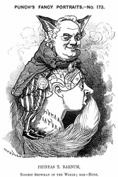 Phineas Taylor Barnum (1810-1891) Amerikansk showman: medgründer av Barnum og Bailey sirkus. Edward Linley Sambourne tegneserie fra Punch London 1884 i Fancy Portraits-serien som viser Barnum som en slu rev som utnytter folks frenologiske bulk av Credulit