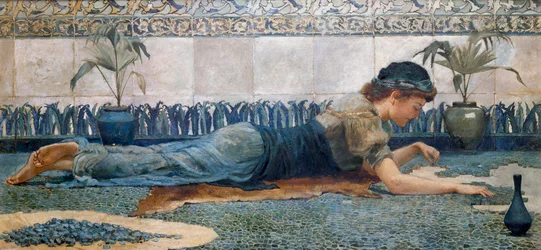 «Den blå mosaikken» En ung kvinne i en antikk setting ligger på bakken og dekker gulvet med mosaikk. Maleri av Edward Matthew Hale (1852–1924) (prerafaelitt)