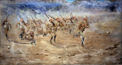 Return of the Fore and Aft, Gloucestershire Regiment som går videre til angrepet, India North West Frontier, 1897