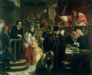 Dommer Jeffries (1648-89) kaster overgrep mot Richard Baxter (1615-91) under rettssaken hans