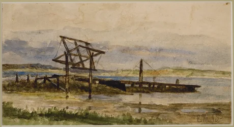 Landskap m/dokk, hav og strand (#18), ca. 1880 (akvarell på papir)