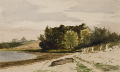 Landskap med tømmerstokk på stranden (#40), ca. 1880 (akvarell på papir)