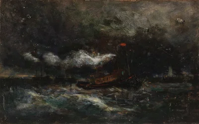 Storm, Brenton Light (båt i storm, fyr i bakgrunnen)