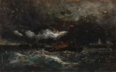 Squall, Brenton Lettbåt i storm, fyr i bakgrunnen, n.d.