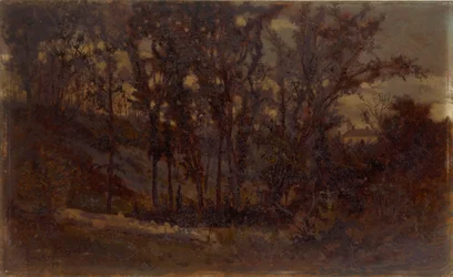 Uten tittel (skogscene, falne tre i forgrunnen og hus i bakgrunnen)