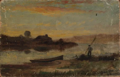 Uten tittel (landskap, båt fortøyd nær bredden med en gående mann)