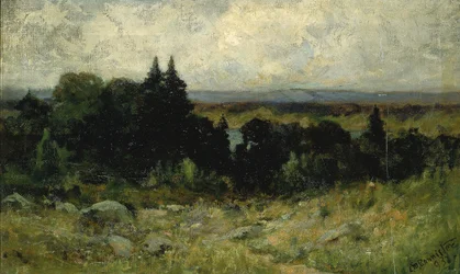 Uten tittel (landskap, åkre med steiner og trær)