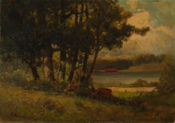 Uten tittel (landskap med kyr som beiter nær elven)