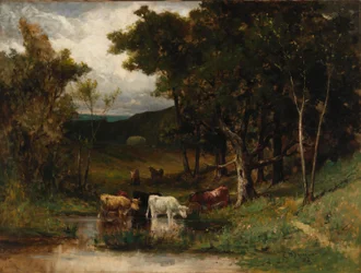 Uten tittel (landskap med kyr i bekk nær trær)