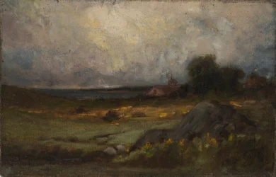 Uten tittel (landskap med stein i forgrunnen og tak med spir, innsjø i bakgrunnen)