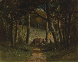 Unavngitte kyr på sti i skogen, 1883.
