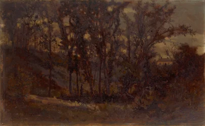 Uten tittel skogscene, falt tre i forgrunnen og hus i bakgrunnen, 1873.