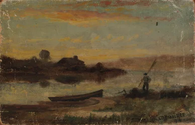 Landskap uten tittel, båt fortøyd nær bredden med en mann som går, 1896.