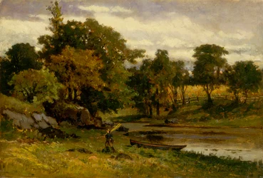 Landskap uten tittel, båt fortøyd nær en bekk, mann som går i forgrunnen, 1879.