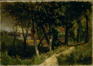 Uten tittel landskap, skogscene med rødt gjerde og bygning, 1893.