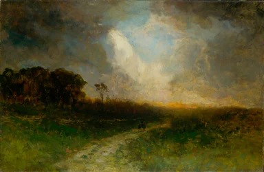 Uten tittel landskap, mann på hest, 1884.