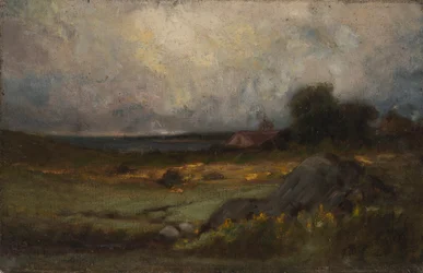 Uten tittel landskap med stein i forgrunnen og tak med tårn, innsjø i bakgrunnen, n.d.