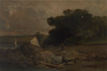 Uten tittel landskap med steiner, mann og seilbåter, 1895.