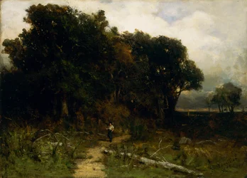 Uten tittel landskap, vedhogger på sti, 1879.