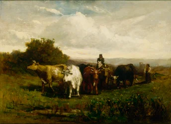 Uten tittel mann til hest, kvinne til fots som driver storfe, 1880.