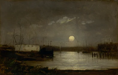 Unavngitt måne over en havn, bryggescene med fullmåne og master av båter, ca. 1868.