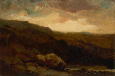 Uten tittel fjellandskap med stein og bekk i forgrunnen, n.d.