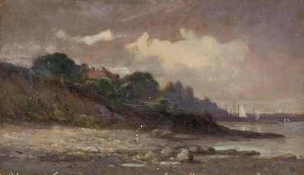 Uten tittel strandlinje med seilbåter og tak, 1893.